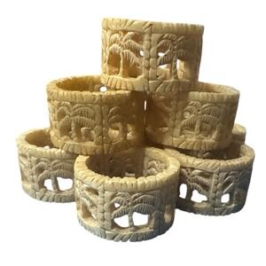 Vintage Waverly Tahiti Tiki/ Palm Trees Carved/ Napkin Rings‎ Holders /8 Pc Set